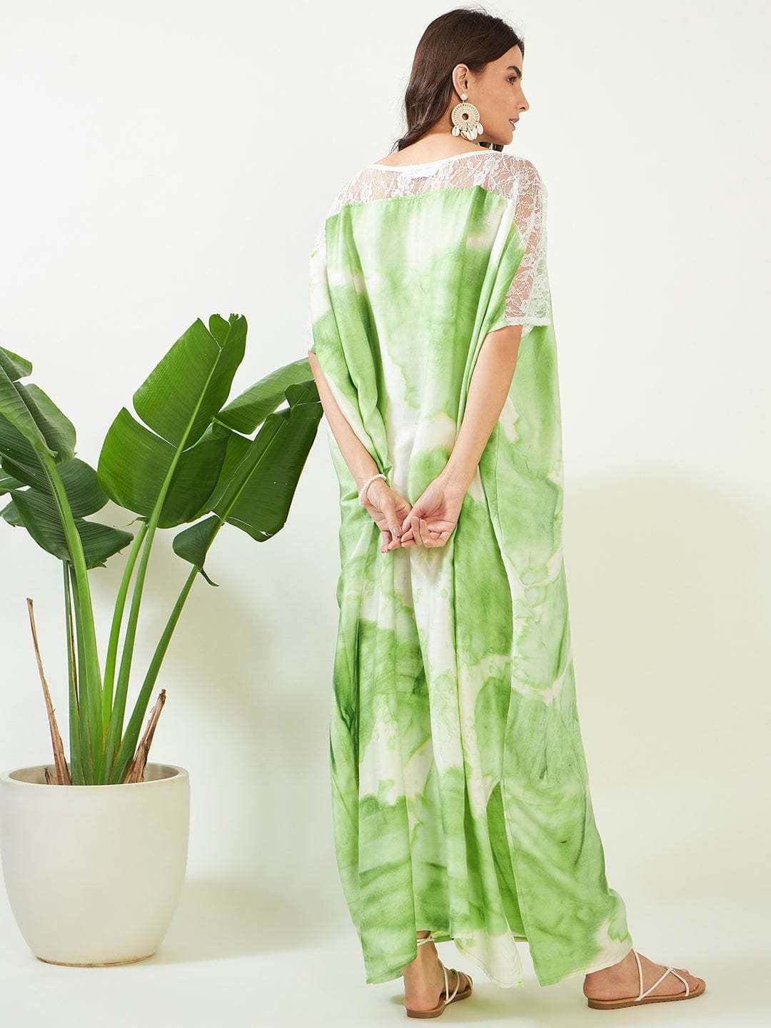 Women's Cotton Tie Dye Print Lace Trim, V-Neck, Full Length, Beach Casual Wear, Spring Collection Kaftan ( Green White ) - Image 2